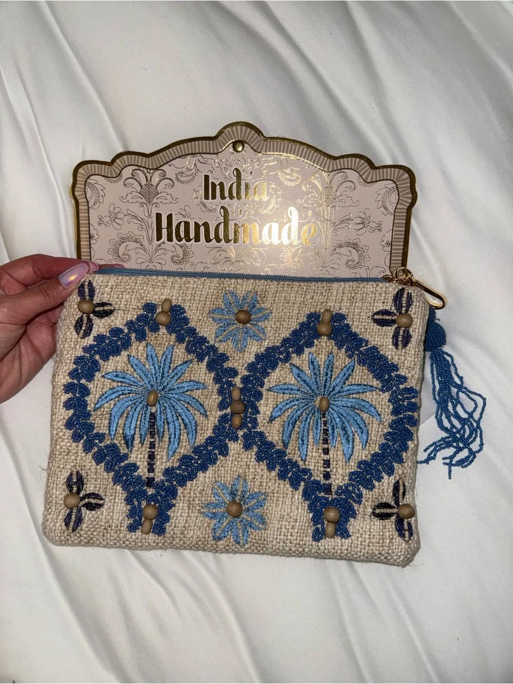 Blue Palm Tree Beaded Zipper Pouch Handmade in India New with Tags